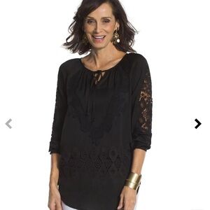 Chicos size 2 blouse black long sleeve lace detail on sleeves embroidery tassels